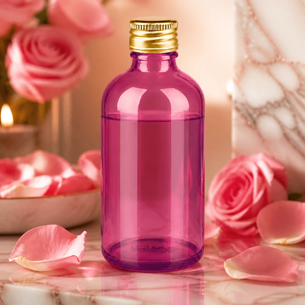 100 ml flaske 11 mm skruelåg aluminium guld standard PurpleLine. UT18/100 Elegant 100 ml violet glasflaske med guldhætte til skønhedsprodukter og parfumer af høj kvalitet