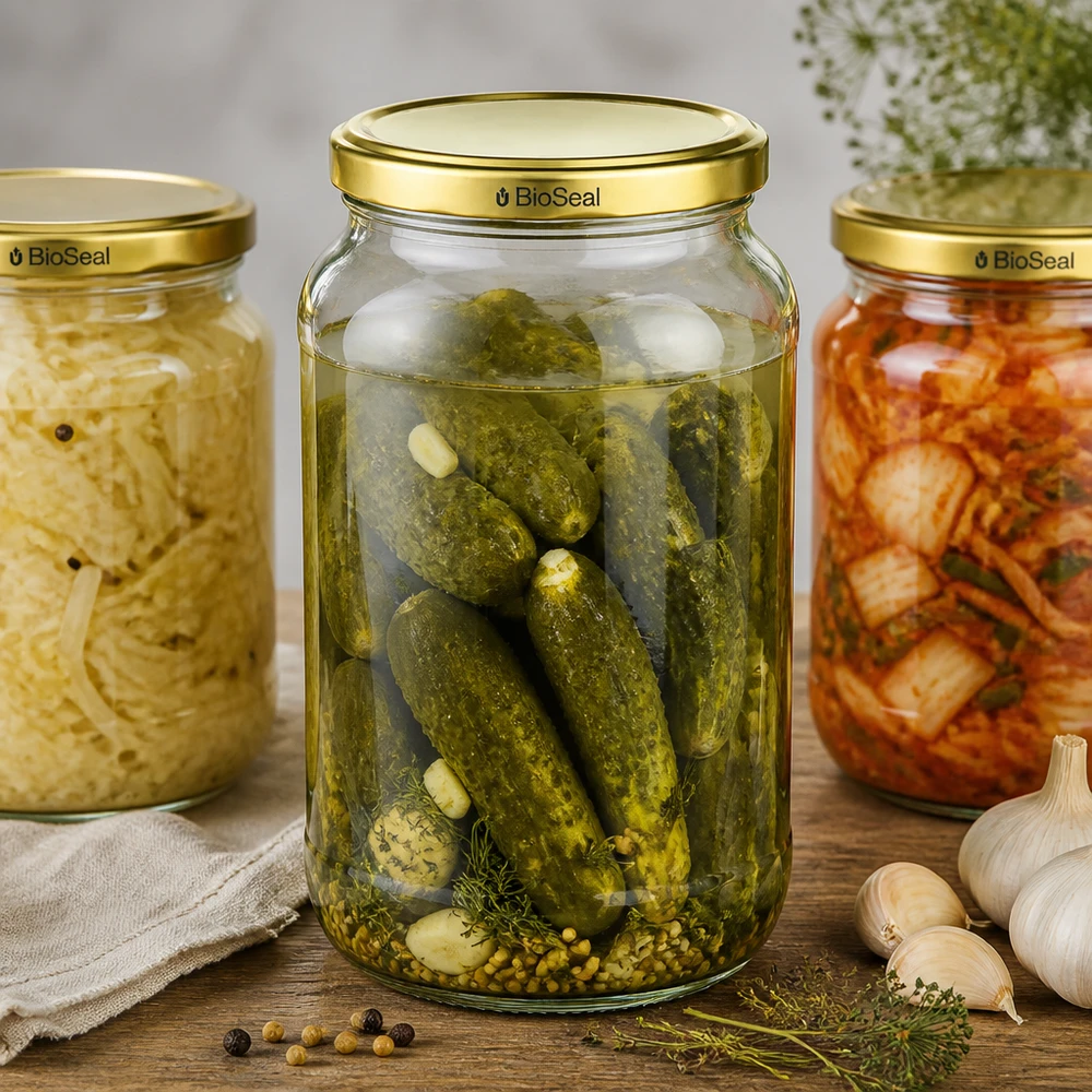 UNiTWIST Runda1062 med guld. Dæksel TO82 BioSeal UNiTWIST Runda1062 konserveringskrukkesæt syltet agurk kimchi TO82 BioSeal låg fermenteret mad