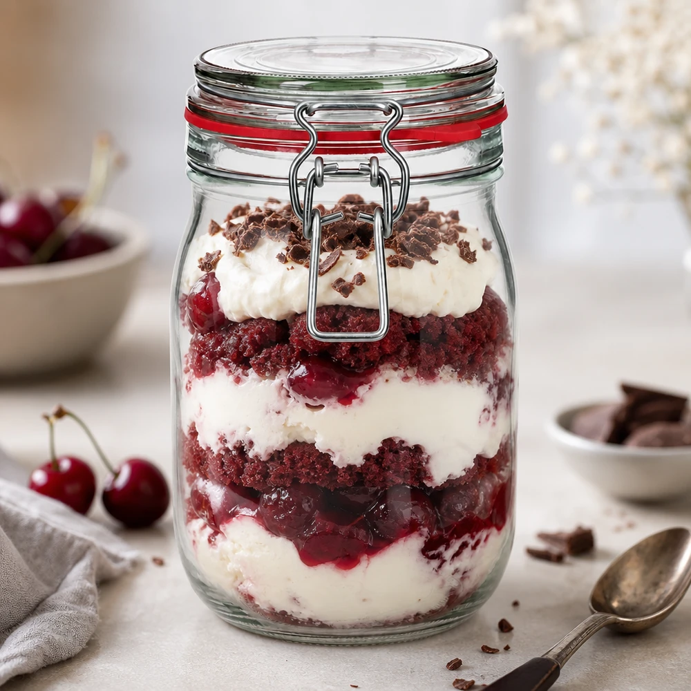 1140 ml opbevaringsglas, type G, med bøjlelåg UN.. Lufttæt 1140 ml opbevaringsglas med svingtop, perfekt til lagdelte desserter og søde sager