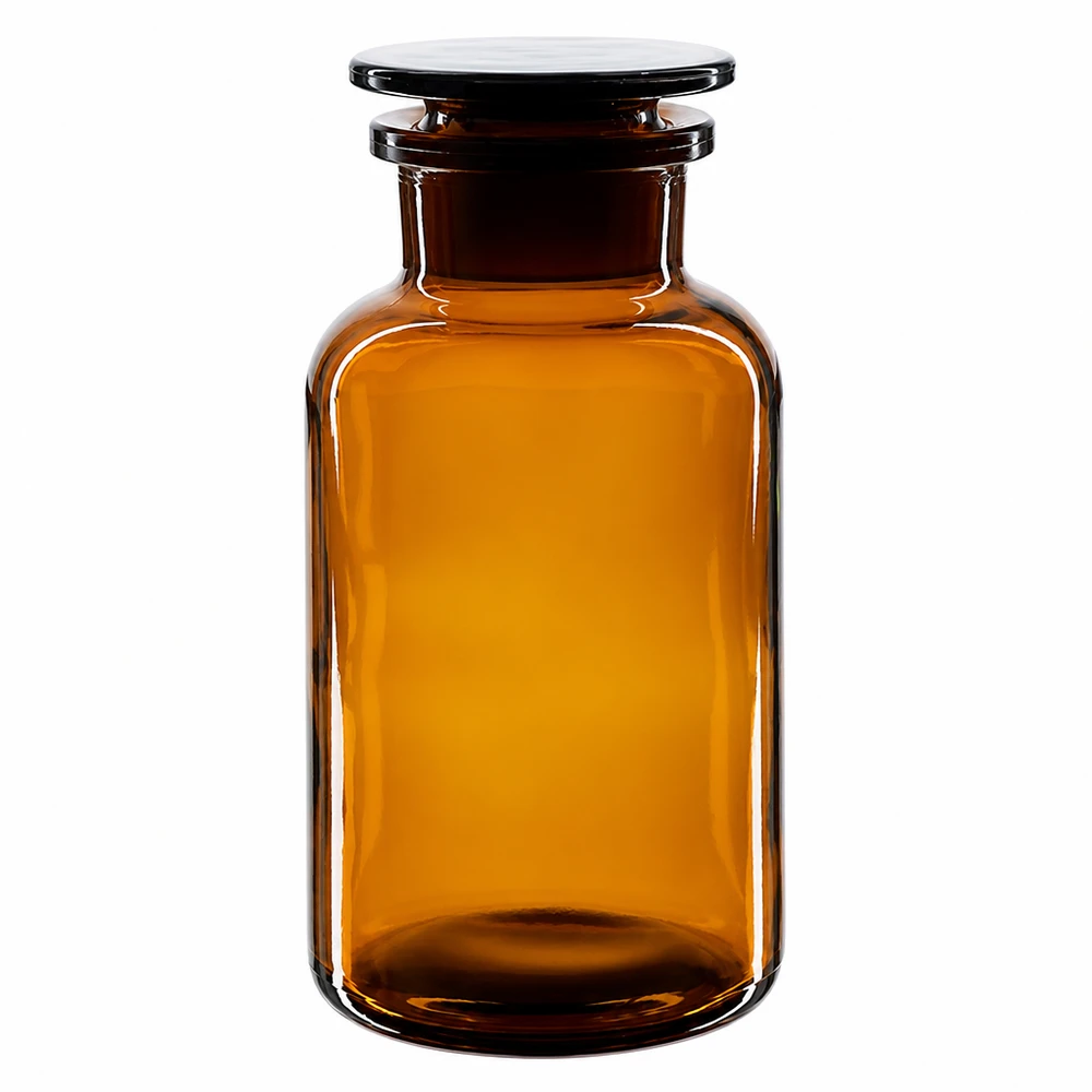 Rund skulderflaske 500 ml brun glasprop med bred hals Brun flaske med bred hals, 500 ml, med glasprop, fremstillet af borosilikatglas af høj kvalitet