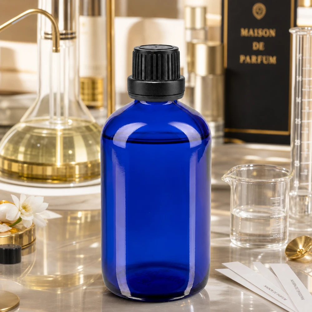 Apoteksflaske blå 100 ml skruelåg sort tæt OV Blå glasflaske på 100 ml med dråbeforsegling i et parfumerimiljø med et bægerglas