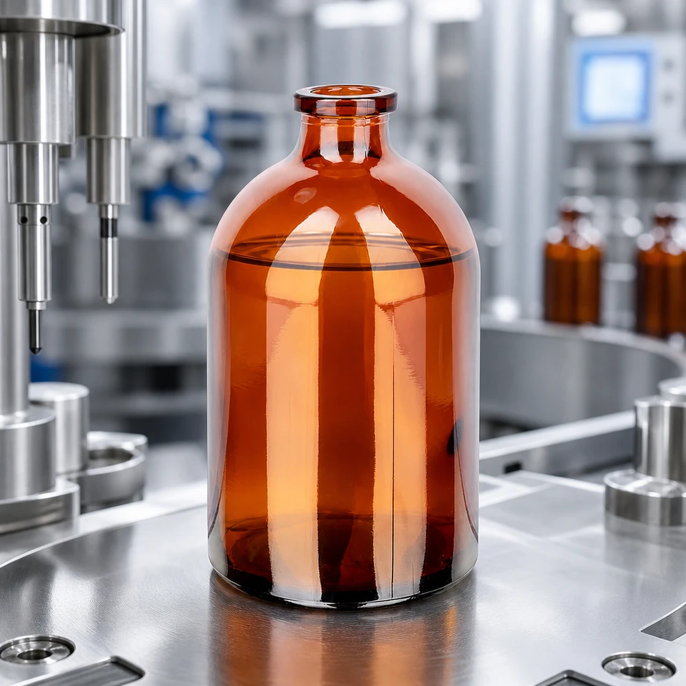 Injektionsflaske af ravfarvet glas 100 ml Sterile Injektionsflasche 100ml aus Braunglas auf Edelstahlunterlage neben Abfüllnadel