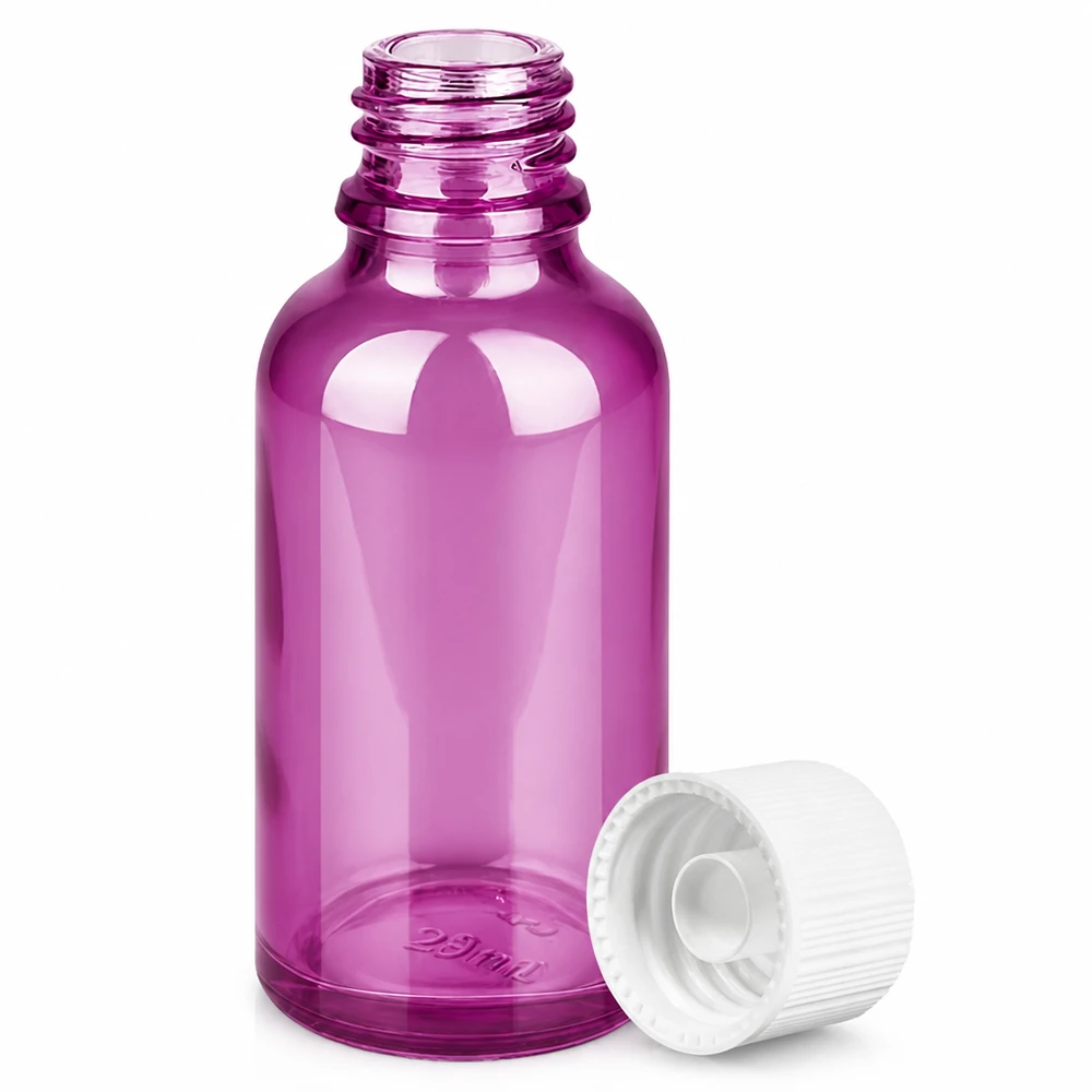 30 ml flaske 11 mm skruelåg hvid standard PurpleLine UT18/30 Lilla glasflaske 30 ml med hvid gevindhætte til æteriske olier og serum