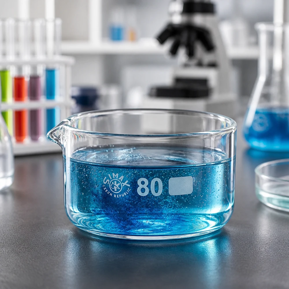 Lav krystalliseringsskål, 150 ml, ø 80 mm, med blå væske og udløb, fremstillet af borosilikatglas