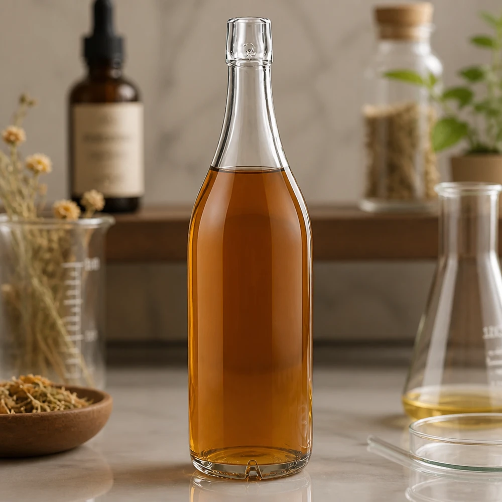 1000 ml glasflaske uden skruelåg UNiTWIST Glasflaske 1000 ml UNiTWIST med ravfarvet indhold i et naturligt køkkenmiljø med krydderurter og flasker
