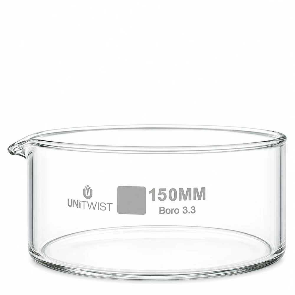Krystalliseringsskål ø150mm borosilikatglas UNiTWIST Krystalliseringsskål 150 mm, borosilikatglas, UNiTWIST, gennemsigtig, cylindrisk med udløb