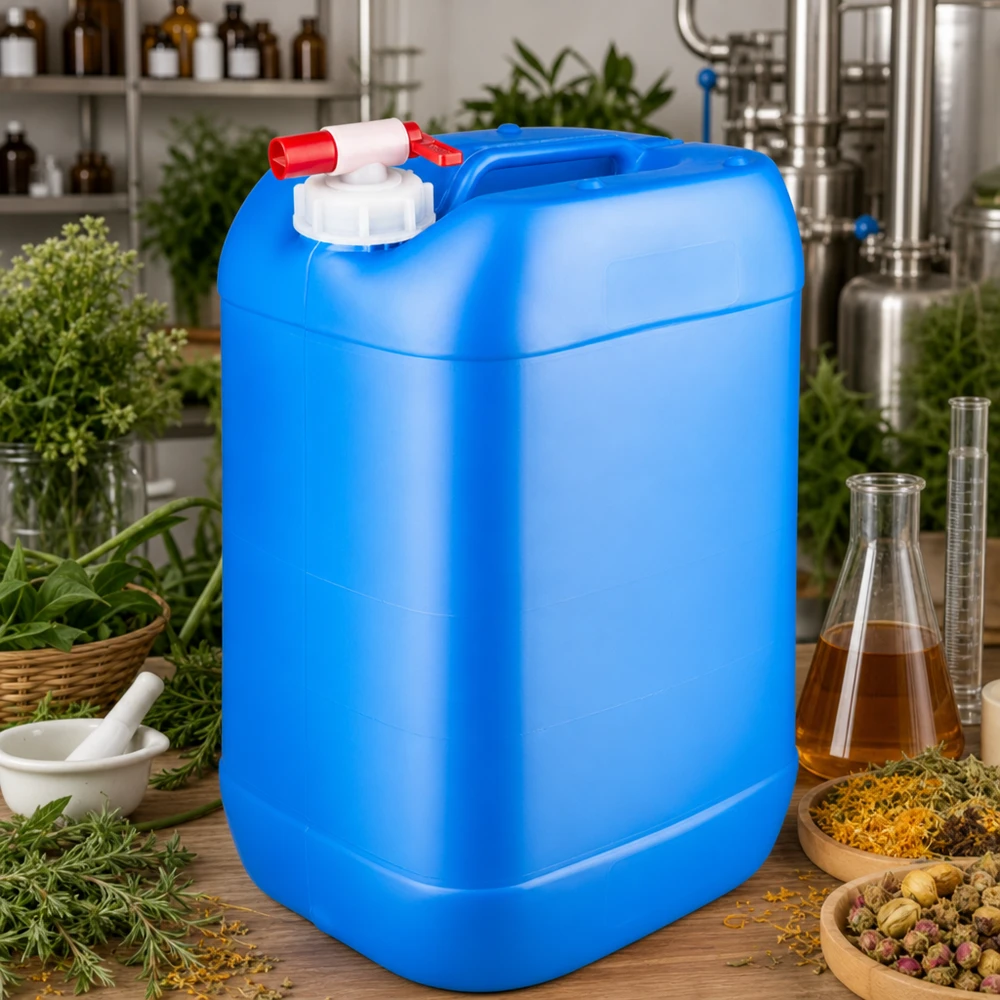 Stor blå væskekanister på 25 liter med tømmehane, omgivet af urter og laboratorieglas
