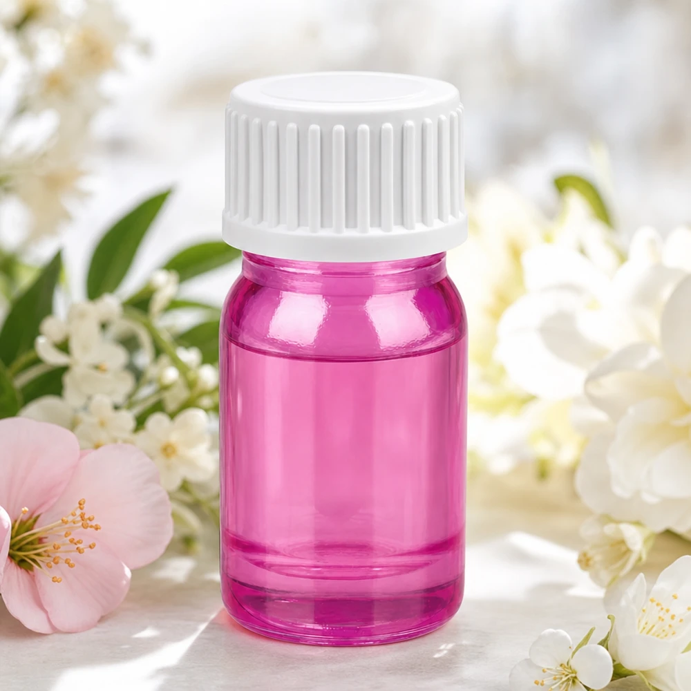 Kompakt 5 ml glasflaske i pink med hvidt skruegevind til mobil aromaterapi på farten