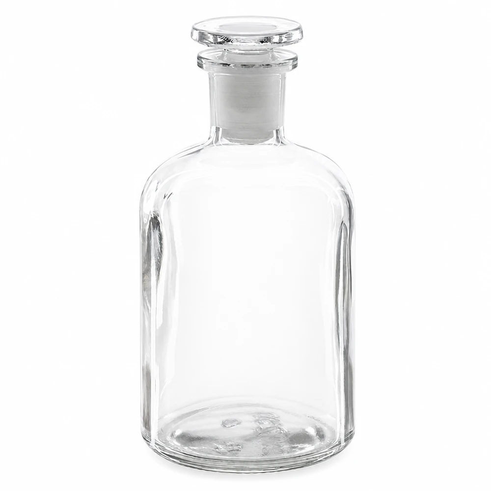 Rund skulderflaske 250 ml klar glasprop med smal hals Rundskulderflaske, 250 ml, klar, med glasprop og smal hals, fremstillet af borosilikatglas af høj kvalitet