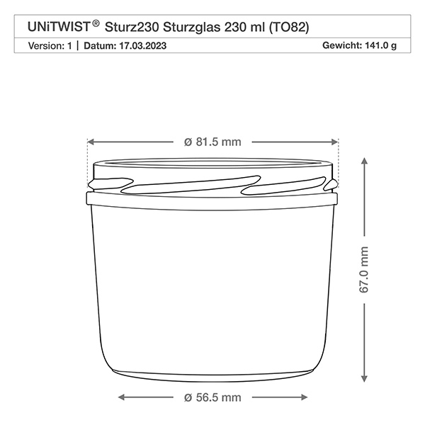 230 ml Briller + BasicSeal låg honeycomb UNiTWIST Technische Zeichnung 230ml Sturzglas mit Maßangaben und Produktdetails für präzise Größenvorstellung