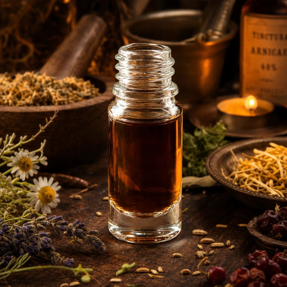5 ml ApoGlas-apoteksflaske mellem lægeurter og kamilleblomster i en varm naturopatisk ramme