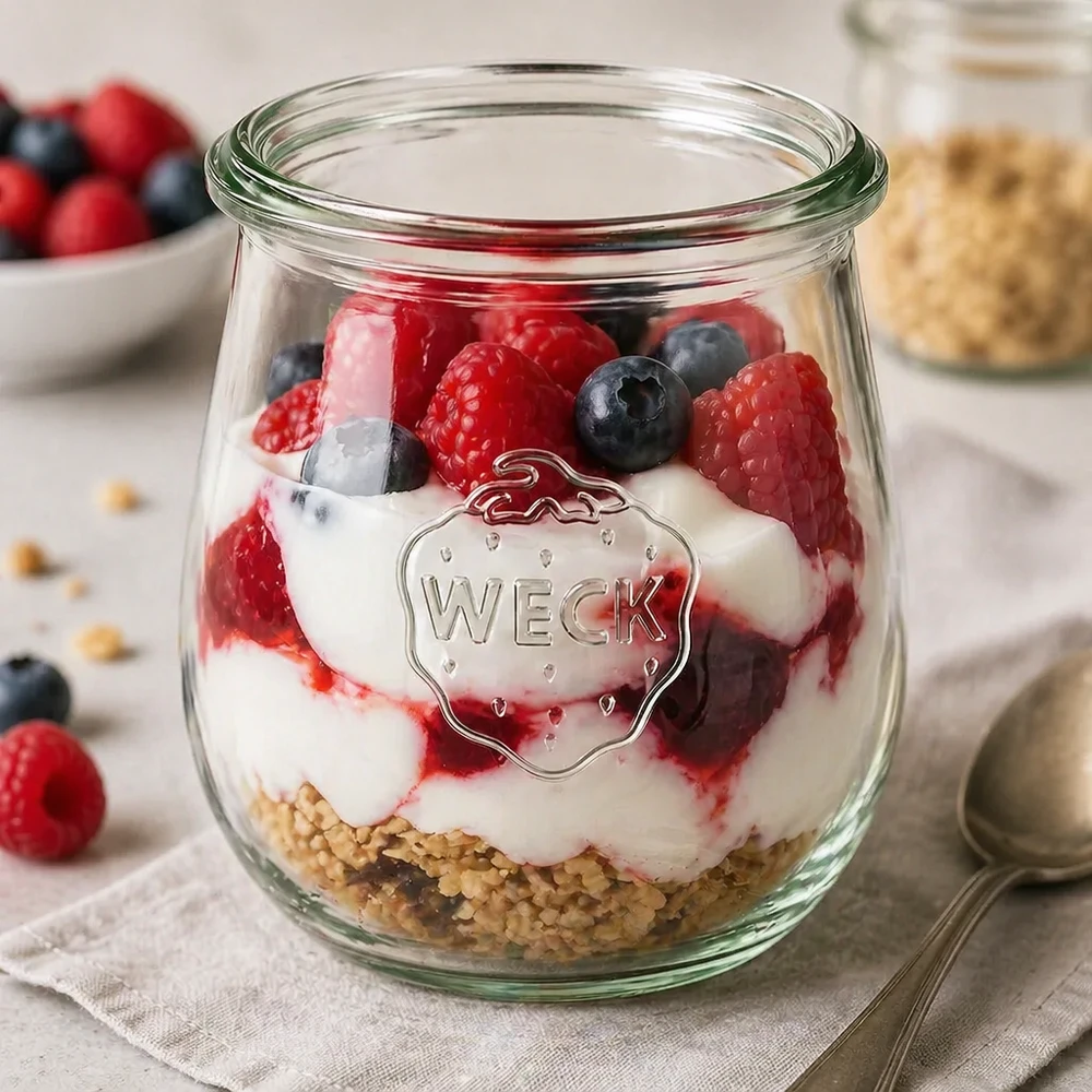 220 ml tulipankrukke WECK RR60 WECK tulipankrukke 220 ml RR60 som dessertkrukke med yoghurt, bær og granola til perfekt portionering og præsentation