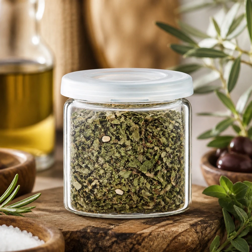 Idé til krydderikrukke: 5 ml tabletkrukke (krukke med rullet kant) i klart glas Lille krydderiglas af klart glas med tørret oregano og hvidt plastlåg på en træunderlag