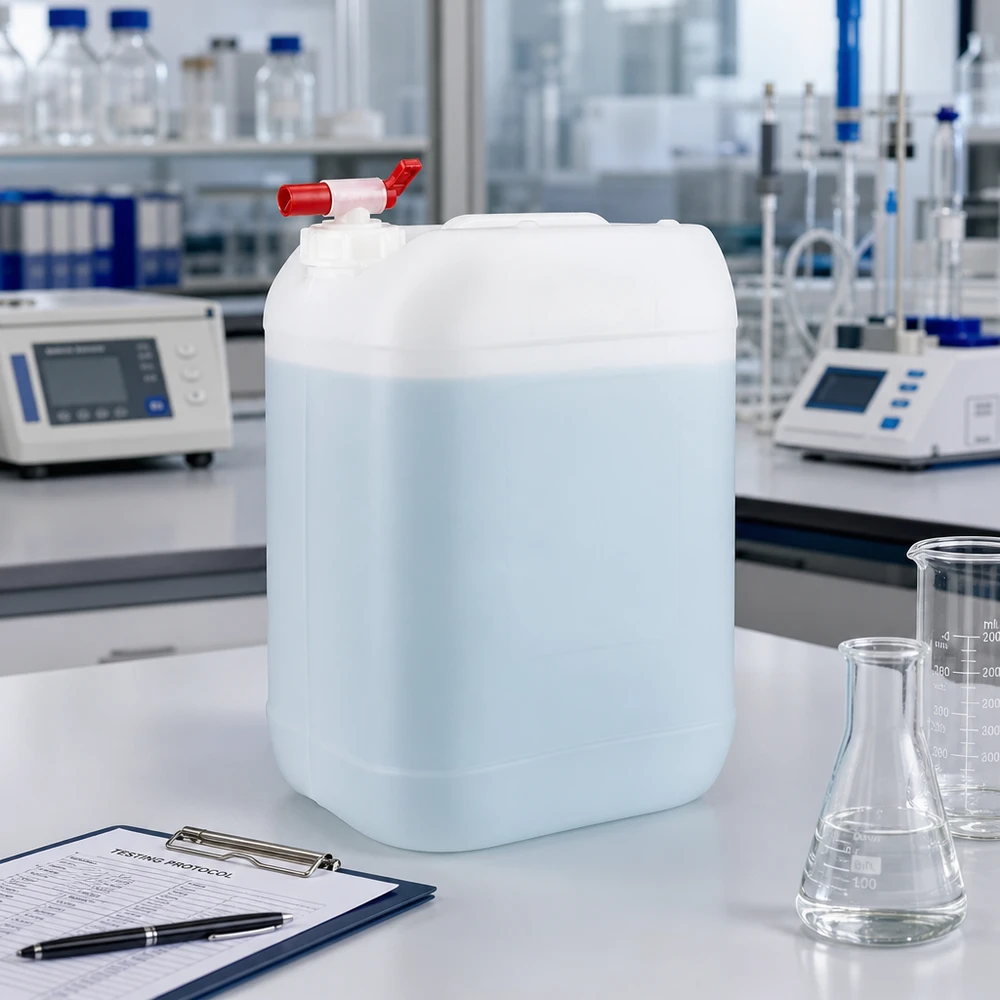 Beholder 25 liter med aftapningshane Lyseblå 25-liters dunk med rødt udløbshan på et hvidt laboratoriebord ved siden af en Erlenmeyer-kolbe