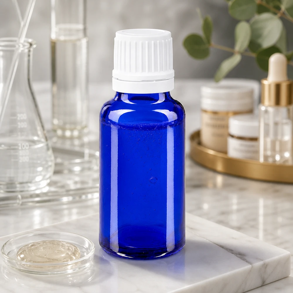 Blå 20 ml apotekerflaske med hvid originalitetslukning på en marmorplade i et laboratoriemiljø