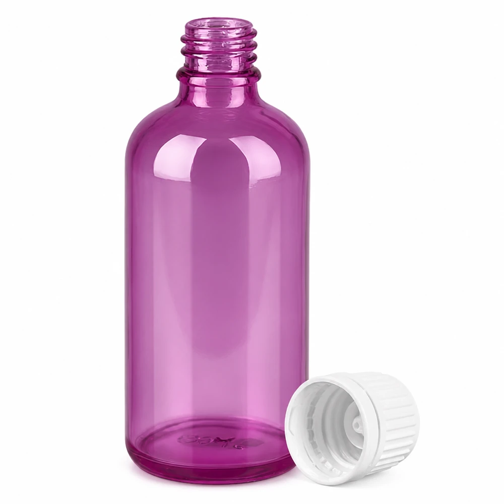 100 ml flaske 11 mm skruelåg hvid Originality skruelåg PurpleLine UT18/100 Lilla 100 ml flaske med tråd og aftagelig hvid hætte til kosmetik og aromaterapi