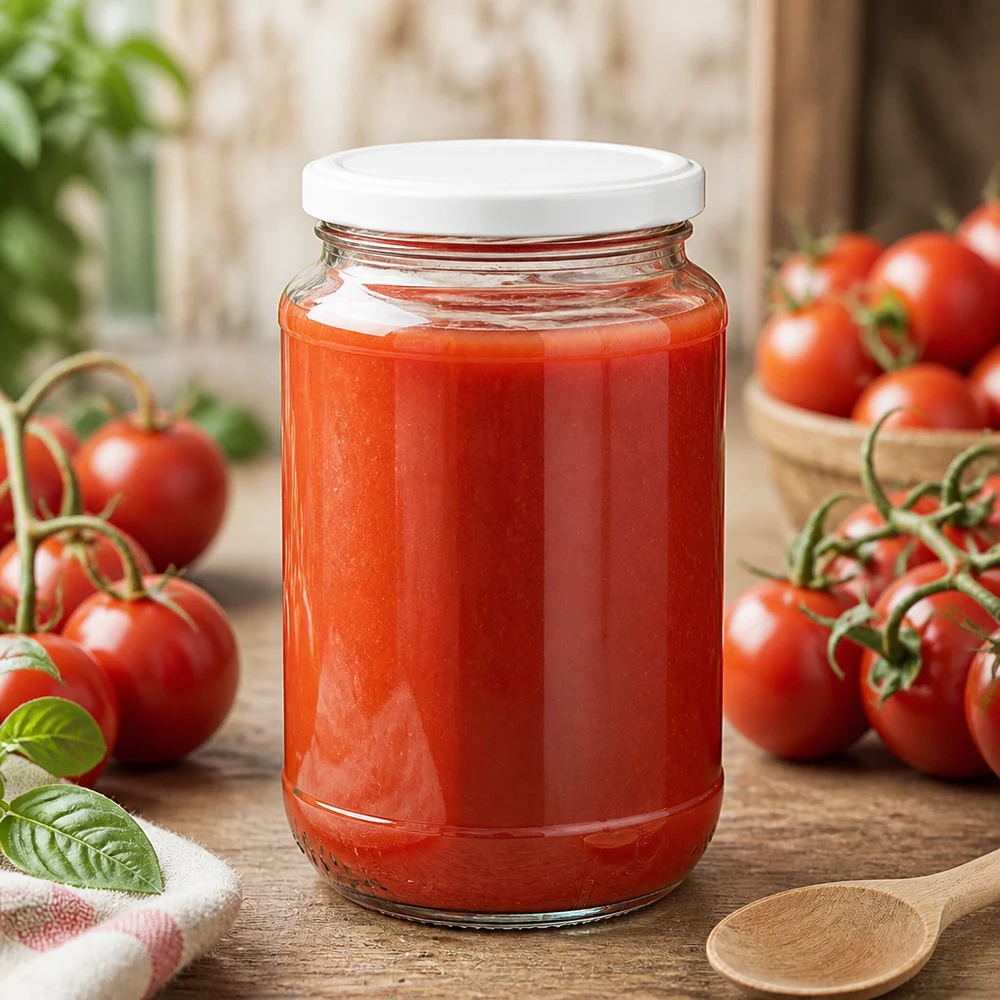 320 ml UNiTWIST rundt glas med BasicSeal-låg, fyldt med frisk tomatsauce og omgivet af røde tomater