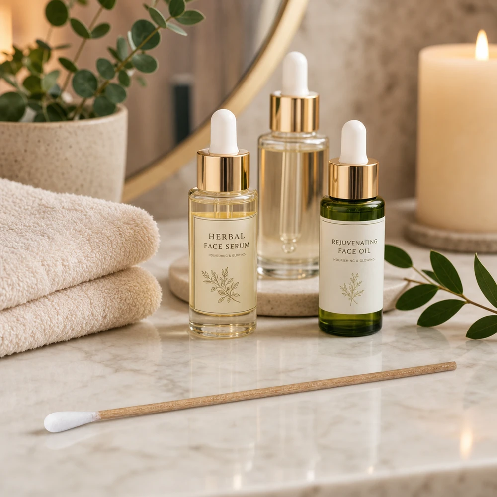 Usterile vatpinde med træskaft foran spejlet ved siden af Herbal Face Serum og Rejuvenating Face Oil