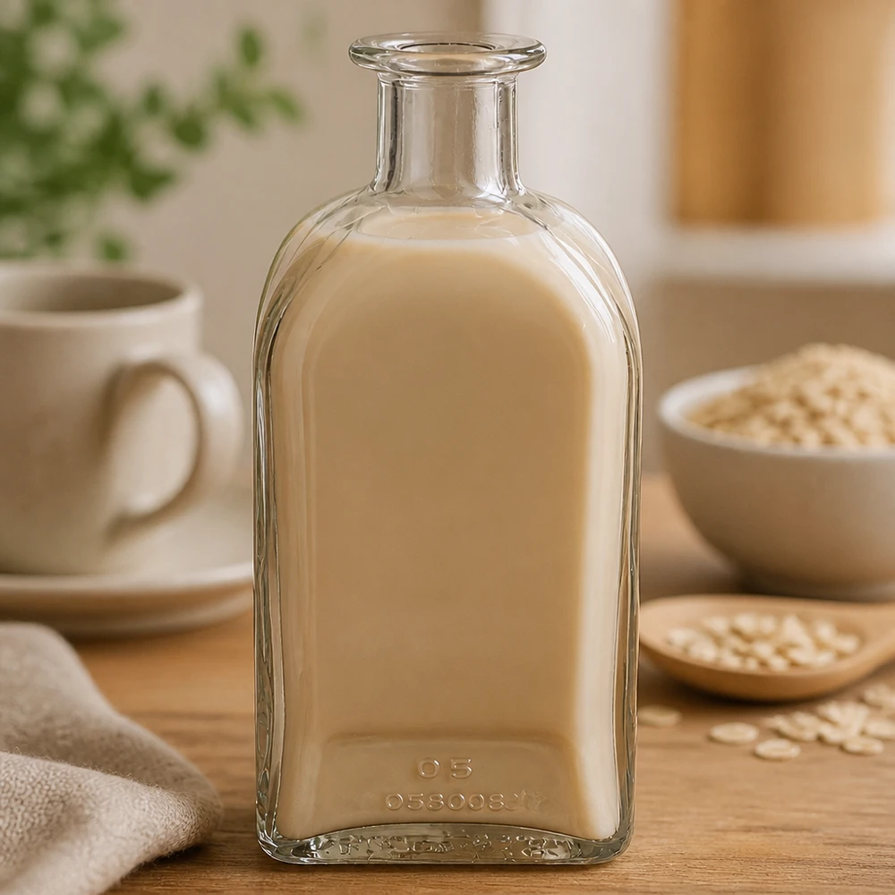 500 ml apoteksflaske Julia uden lukning UNiTWIST® 500 ml Julia glasflaske fyldt med cremet beige væske ved siden af havreflager og kop i en varm køkkenatmosfære