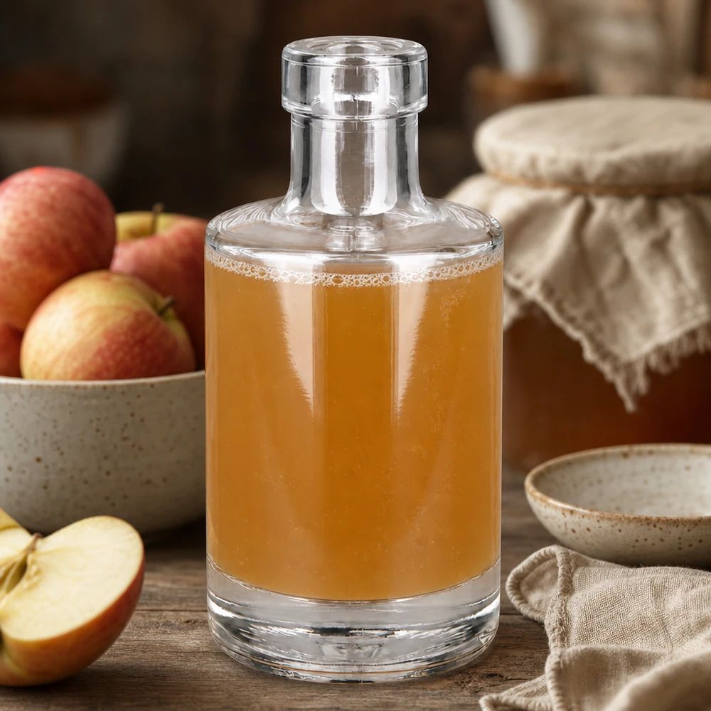 200 ml glasflaske »Marie« uden lukning UNiTWIST® Glasflasche Marie 200ml mit Apfelsaft befüllt natürliche Küchendeko mit frischen Äpfeln rustikaler Holztisch Lifestyle