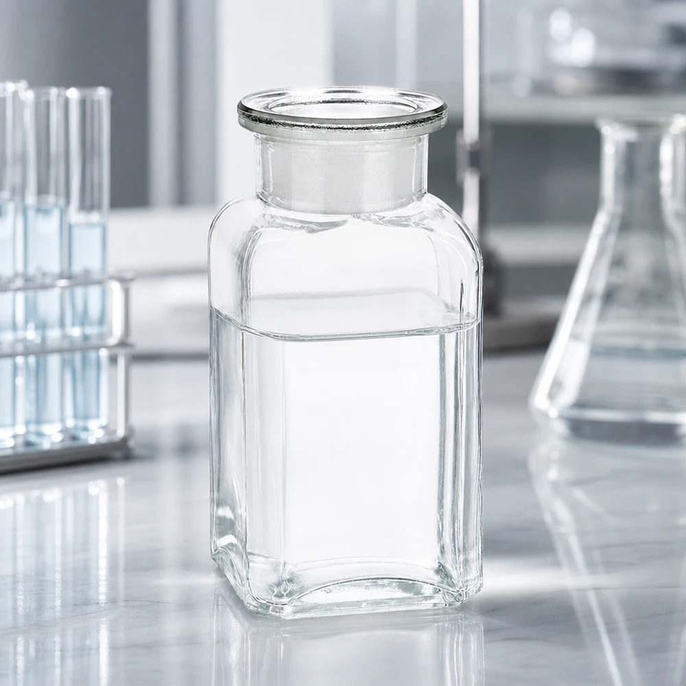 Firkantet flaske 100 ml klar glasprop med bred hals Tom firkantet flaske, 100 ml, gennemsigtig, med glasprop, på et hvidt laboratoriebord mellem reagensglas