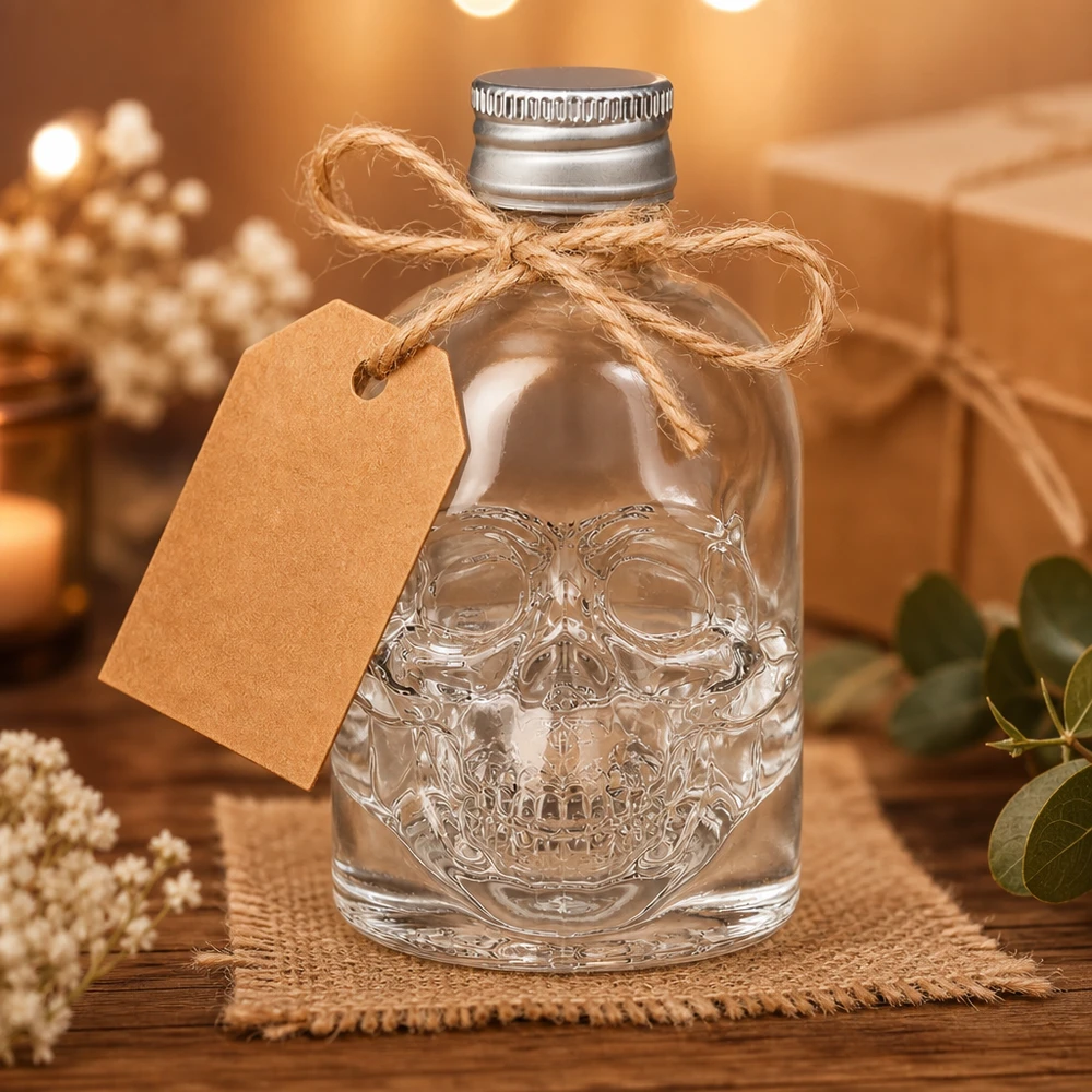 50 ml glasflaske »Hector« og skruelåg sølv UNiTWIST® 50 ml Hector-glasflaske med præget dødningehoved som gave dekoreret med en jutesløjfe og kraftpapir-tag