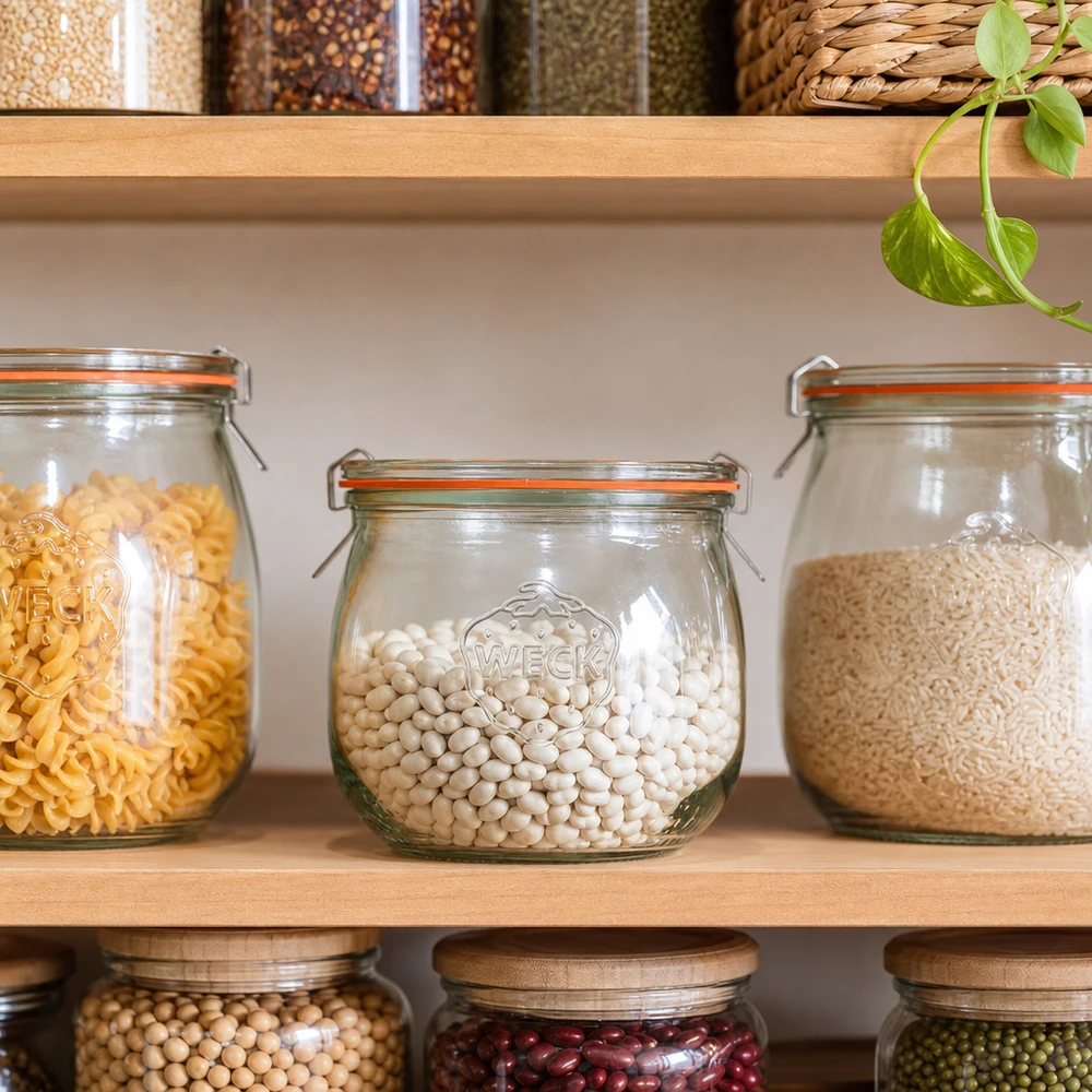 370 ml tulipankrukke komplet WECK RR80 WECK tulipankrukke 370 ml RR80 til organisering af spisekammeret med hvide bønner mellem pasta og ris i opbevaringsreolen