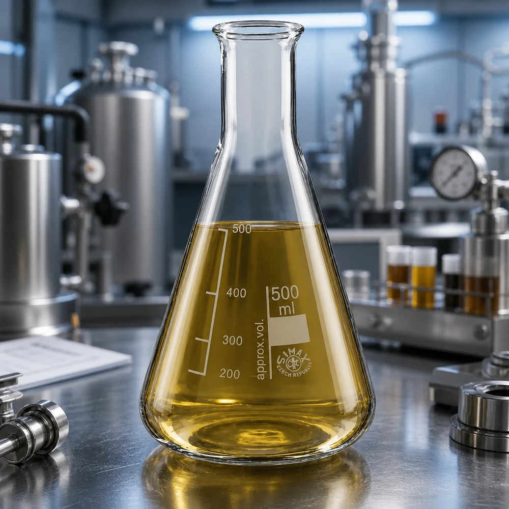 Erlenmeyer-kolbe 500 ml med smal hals Erlenmeyer-kolbe 500 ml med smal hals og gul opløsning i et professionelt laboratoriemiljø