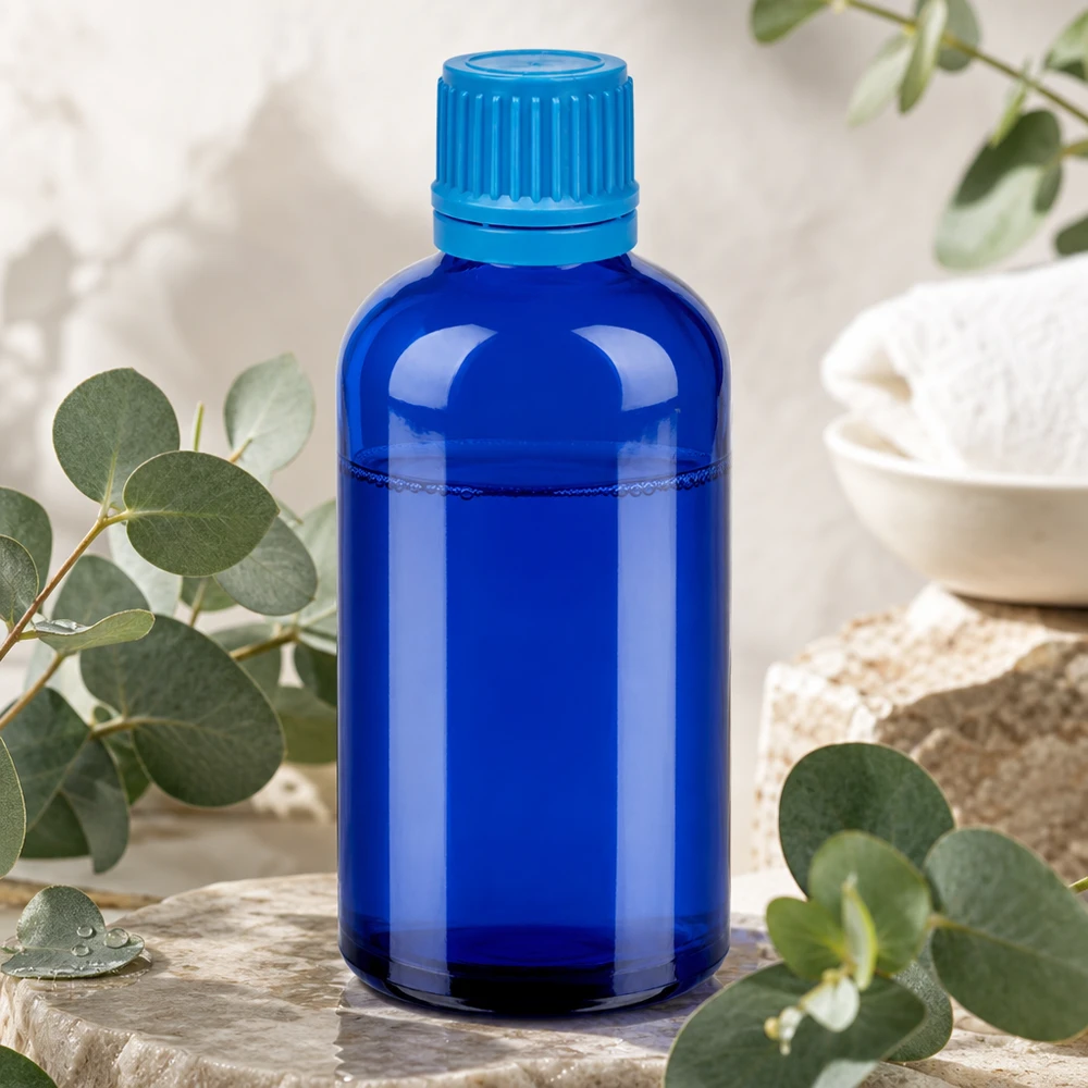 Kompakt 100 ml glasflaske i elegant blå med praktisk skruelåg til hverdagsbrug