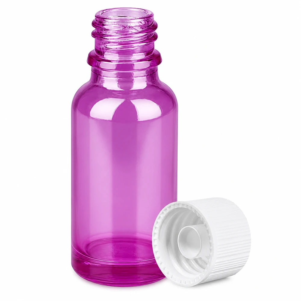 20 ml flaske 11 mm skruelåg hvid standard PurpleLine UT18/20 Lille 20 ml glasflaske i lilla med 11 mm gevind og hvid hætte til aromaterapi
