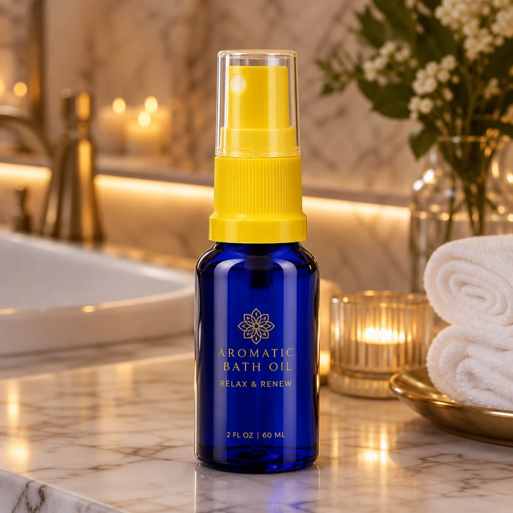 Apotekerflaske blå 10 ml spraytilbehør gul Blåt apotekerglas på 10 ml med UV-beskyttelse og gul pumpespray – ideelt til badeolier og aromaterapi
