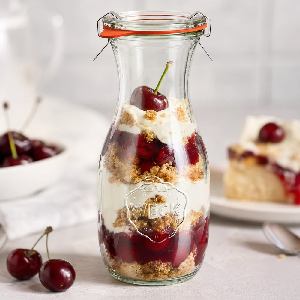WECK 530 ml juiceflaske RR60 som dessertglas fyldt med kirsebærlageret dessert og fløde ved siden af friske kirsebær