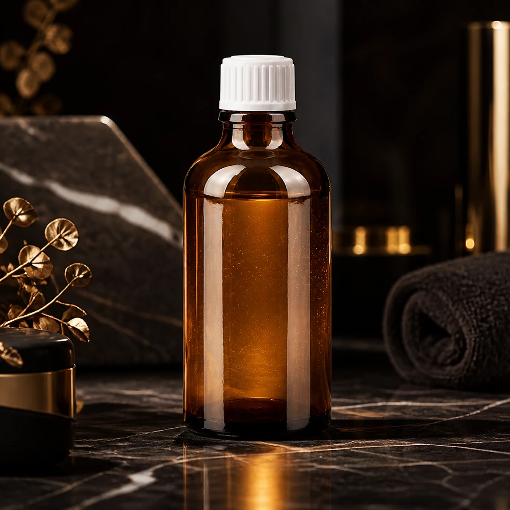 Apoteksflaske brun 50ml dråbetæller hvid 0,8mm stk. 50 ml brun ApoGlas-dråbeflaske på sort marmor med gulddekor