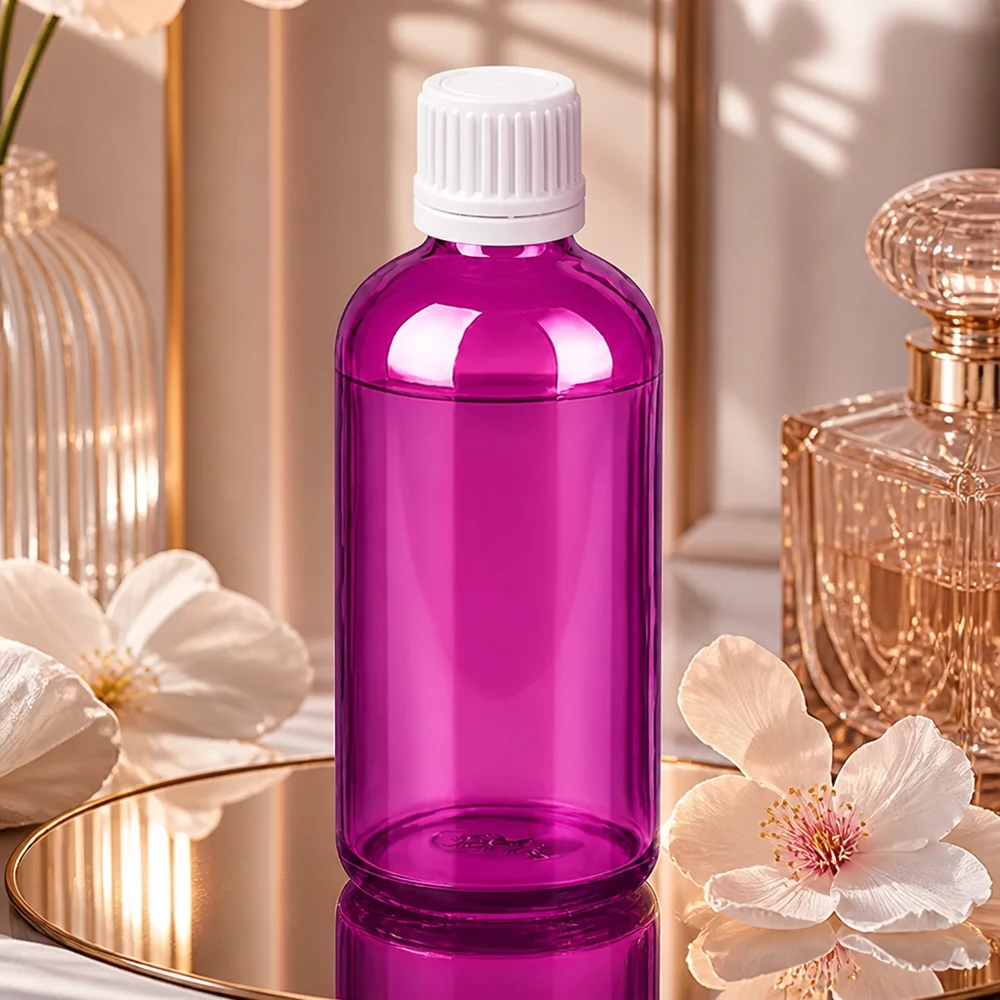 100 ml flaske 11 mm skruelåg hvid Originality skruelåg PurpleLine UT18/100 100 ml violet glasflaske med rillet hvid hætte, ideel til lysfølsomme væsker