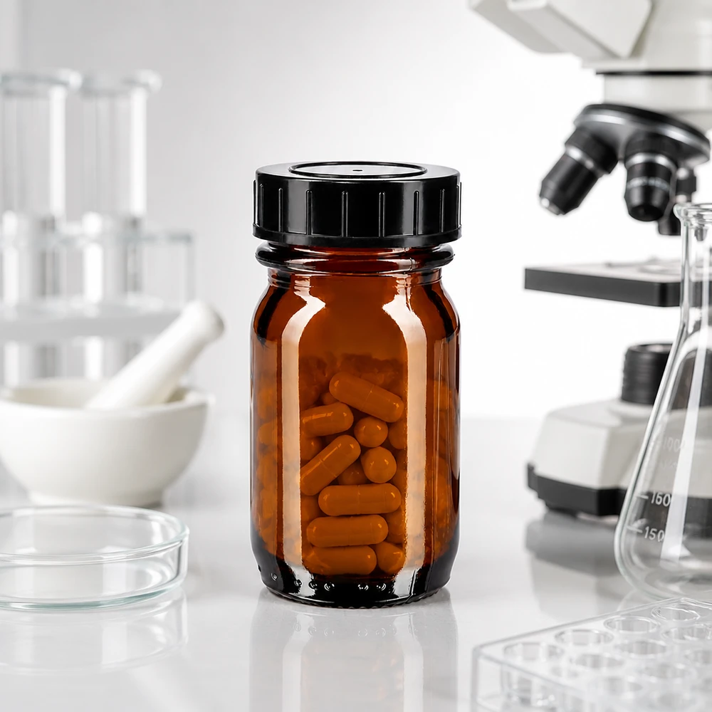 30 ml flaske med bred hals i ravfarvet glas med skruelåg Kompakte 30 ml ravfarvede glasflasker med bred åbning, der er ideelle til laboratoriebrug