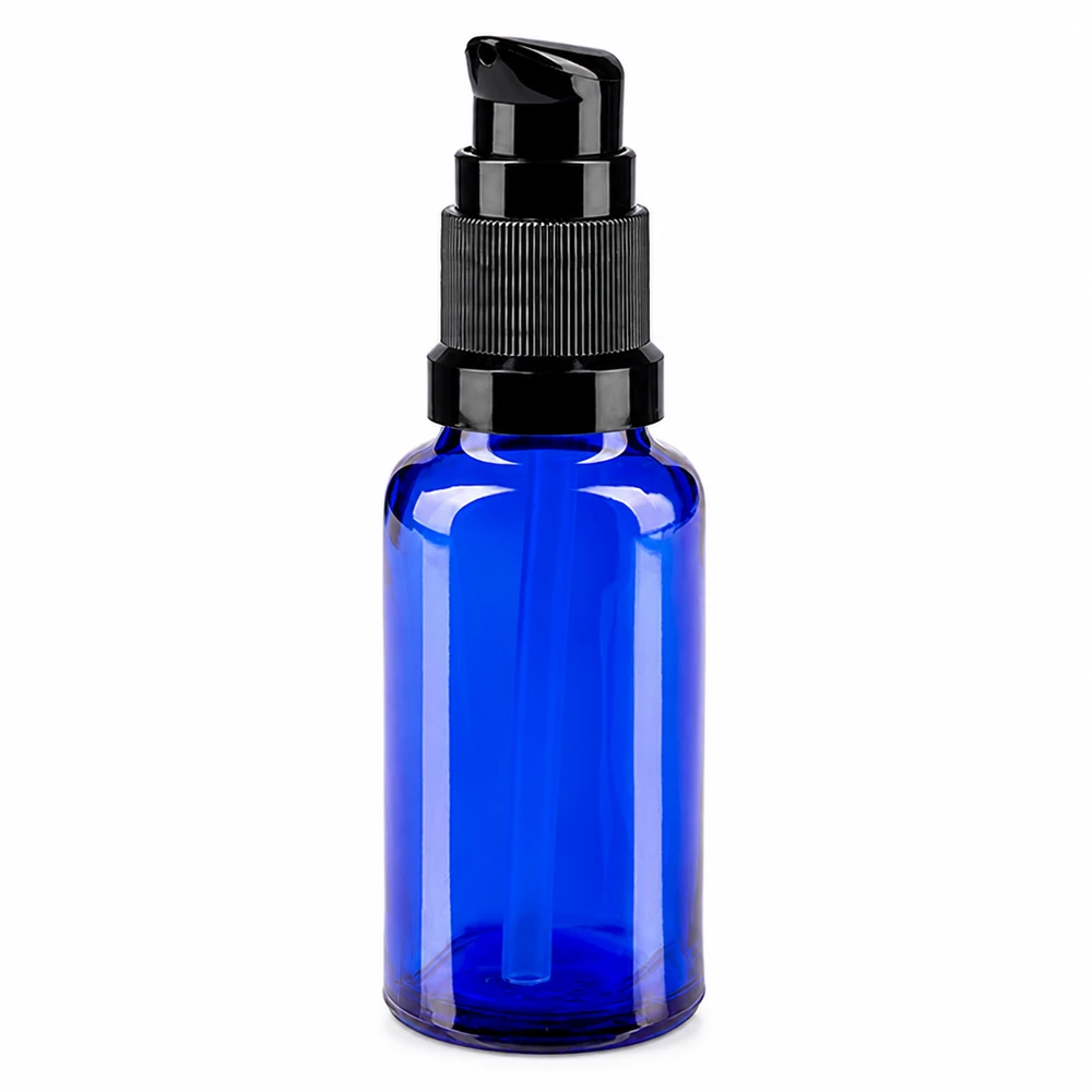 20 ml blå glasflaske med sort pumpe til serum og olier, fremstillet af apoteksglas af høj kvalitet