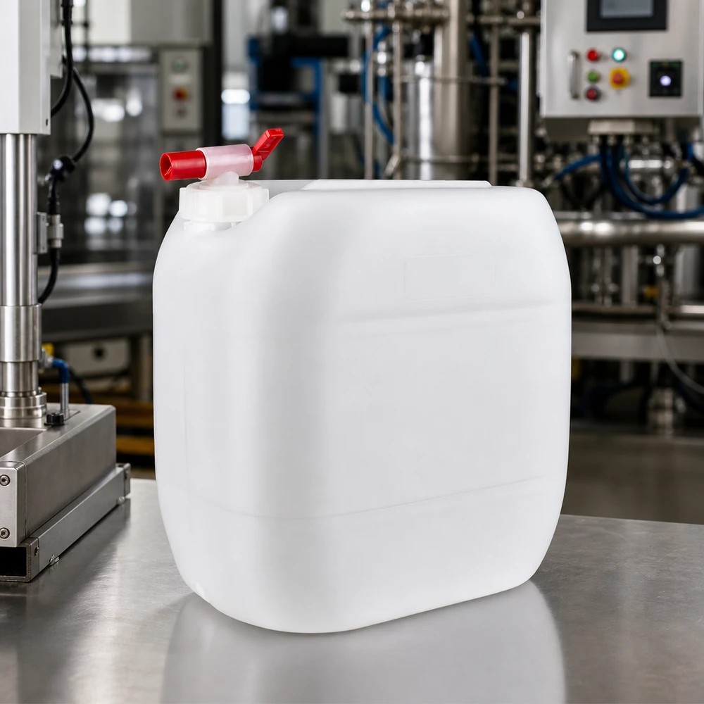 Beholder 30 liter med aftapningshane Stor hvid plastdunk på 30 liter med rød afspærringshane på rustfri ståloverflade
