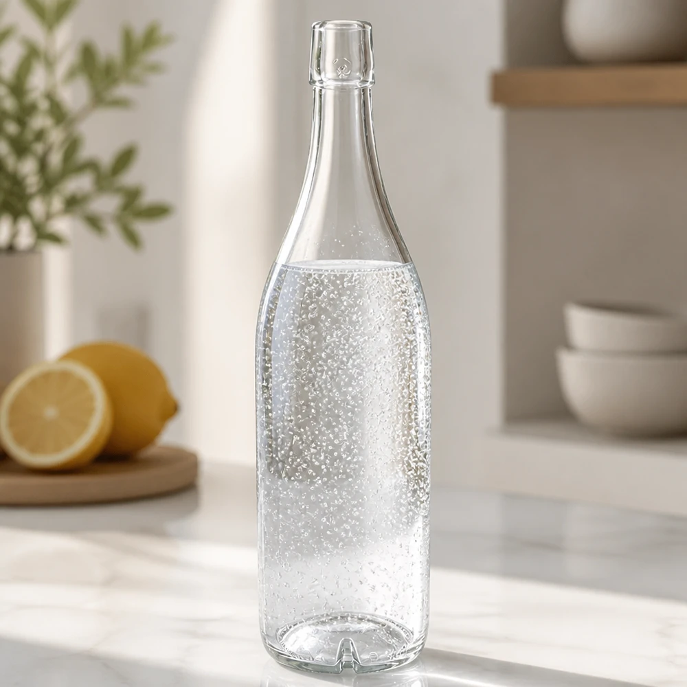 1000 ml glasflaske uden skruelåg UNiTWIST Glasflaske 1000ml UNiTWIST fyldt med danskvand Køkkenbord citroner moderne køkkenindretning lys