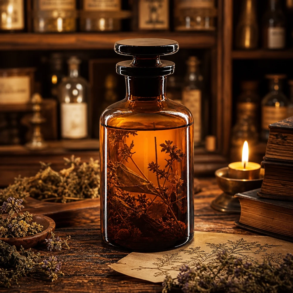 Rund skulderflaske 50 ml brun glasprop med smal hals Apotekerflaske, 50 ml, brun, med smal hals og glasprop til urtetinkturer og naturmedicin