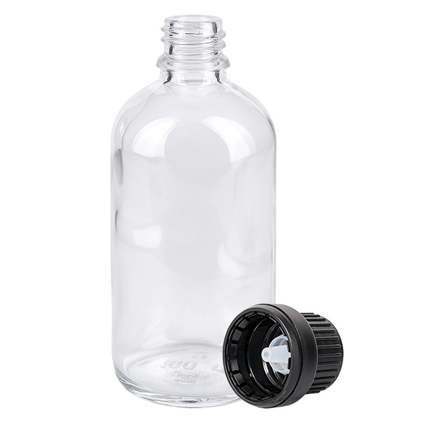 100 ml dråbeflaske 2 mm sort OV ClearLine UT18/100 Tom 100 ml glasflaske med sort dråbeåbner (2 mm) fra ClearLine-serien