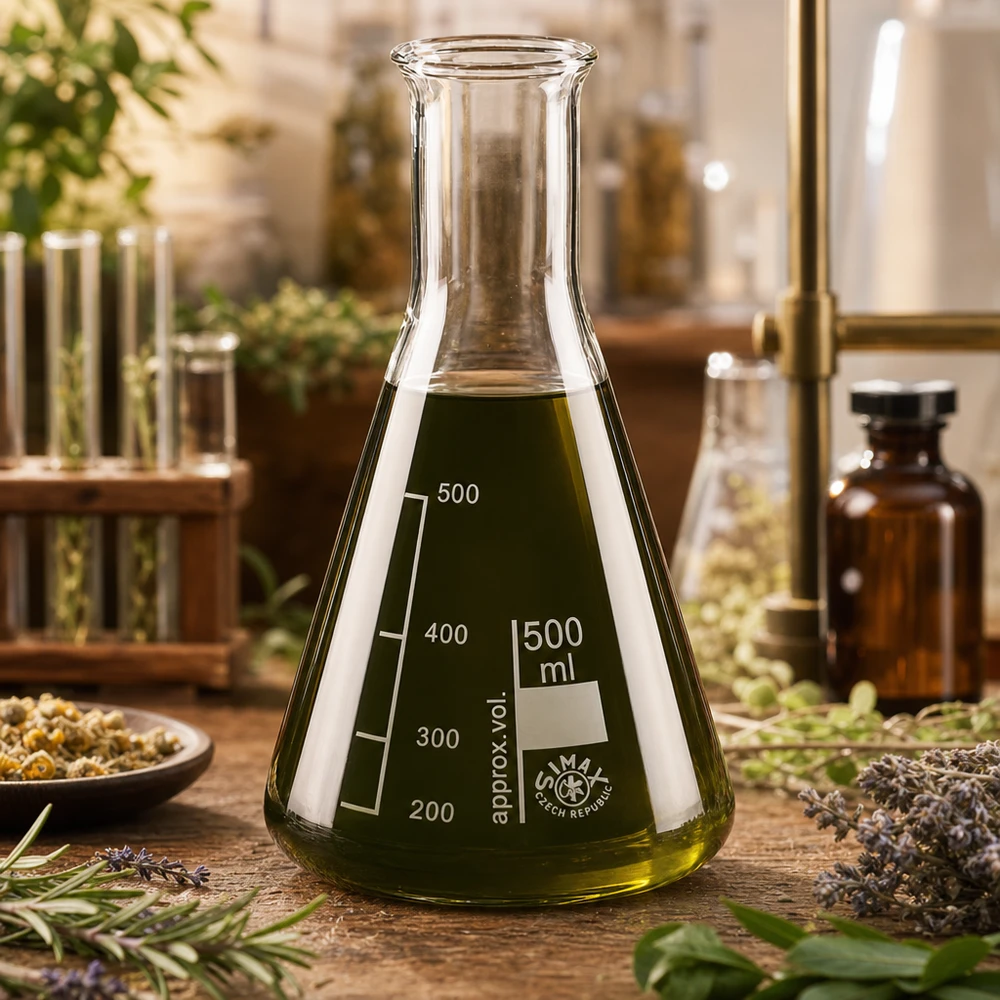 Erlenmeyer-kolbe 500 ml med smal hals Erlenmeyerkolbe 500 ml med smal hals og grøn væske mellem krydderurter og laboratorieredskaber