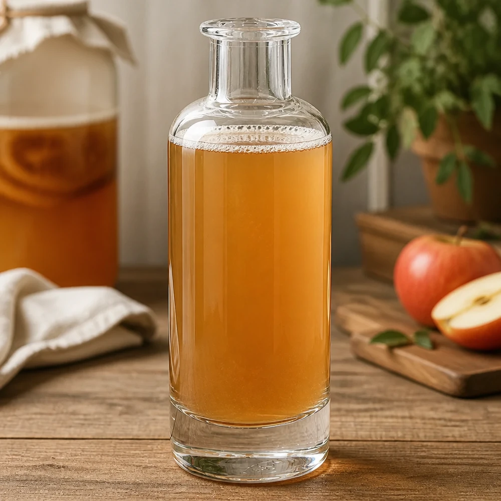 200 ml glasflaske »Ella« uden låg UNiTWIST® 200ml Glasflasche Ella mit Apfelsaft befüllt in Küche zeigt vielseitige Nutzung für Säfte und Getränke