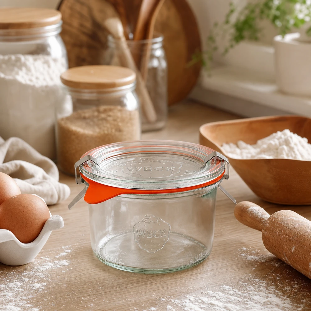 WECK-bægre 200 ml RR80 i køkkenscene med bageingredienser, mel, æg og træredskaber til bagning og madlavning