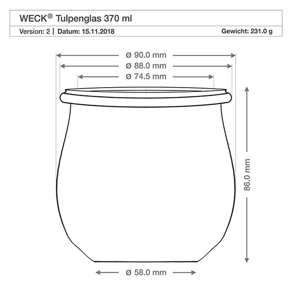 Sæt med 18 Weck-krukker 370 ml tulipankrukke med 18 glaslåg Teknisk tegning WECK tulipankrukke RR80 370ml med mål og produktspecifikationer, vægt 231g