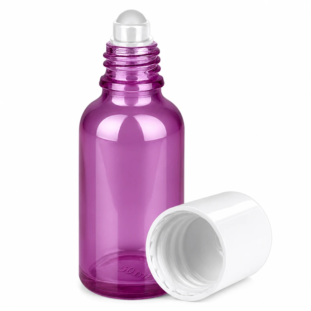 30 ml roll-on-flaske hvid standard PurpleLine UT18/30 Lilla roll-on-flaske i glas på 30 ml med rullekugleapplikator, ideel til æteriske olier og serummer
