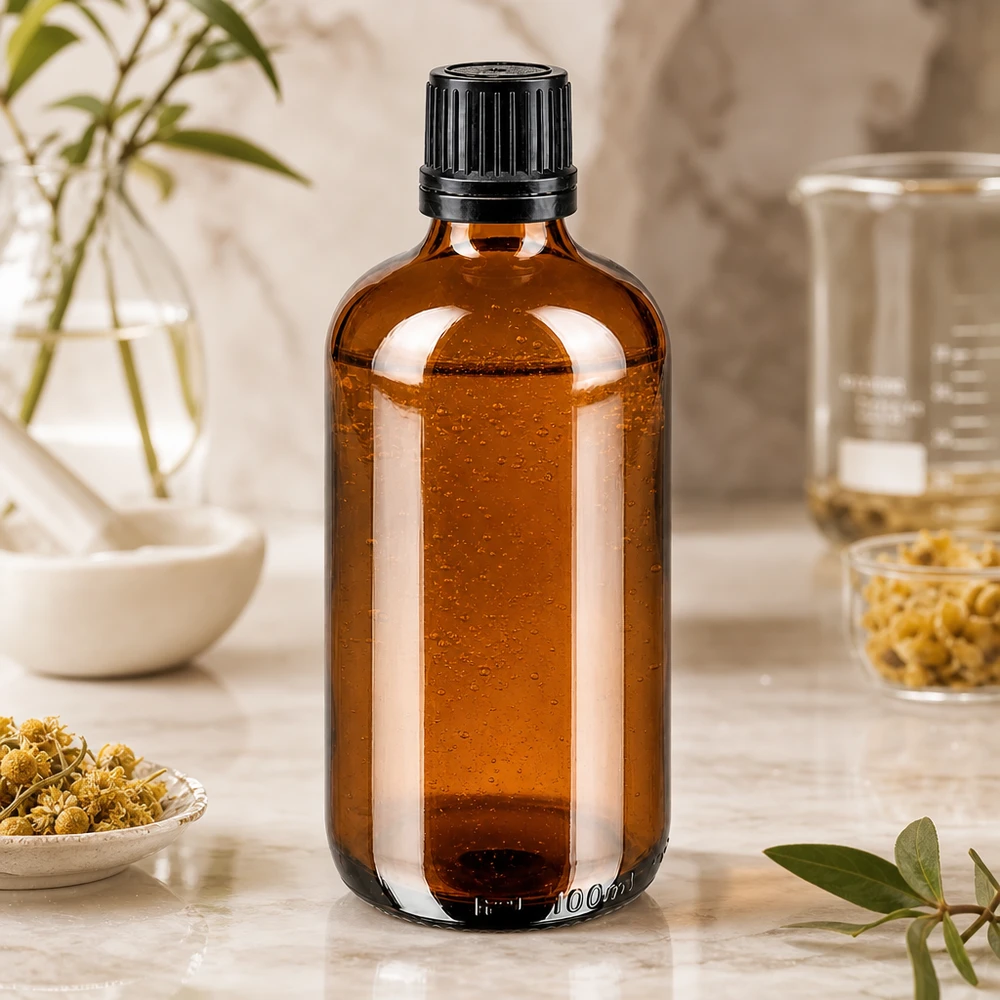 En ravfarvet apotekerflaske på 100 ml med sort originalprop ved siden af kamilleblomster og en morter
