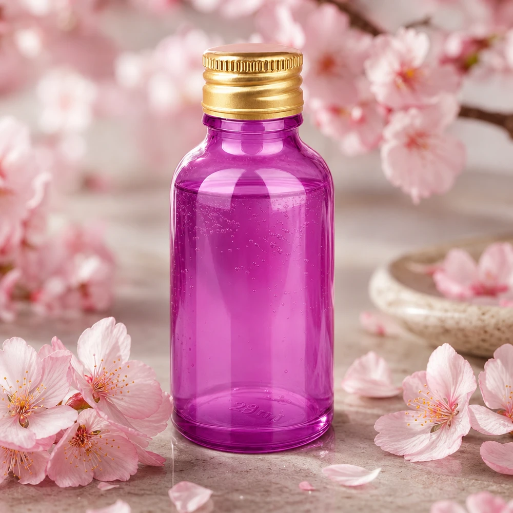 30 ml flaske 11 mm skruelåg aluminium guld standard PurpleLine. UT18/30 30 ml flaske med robust aluminiumshætte i guld og UV-beskyttende lilla glas