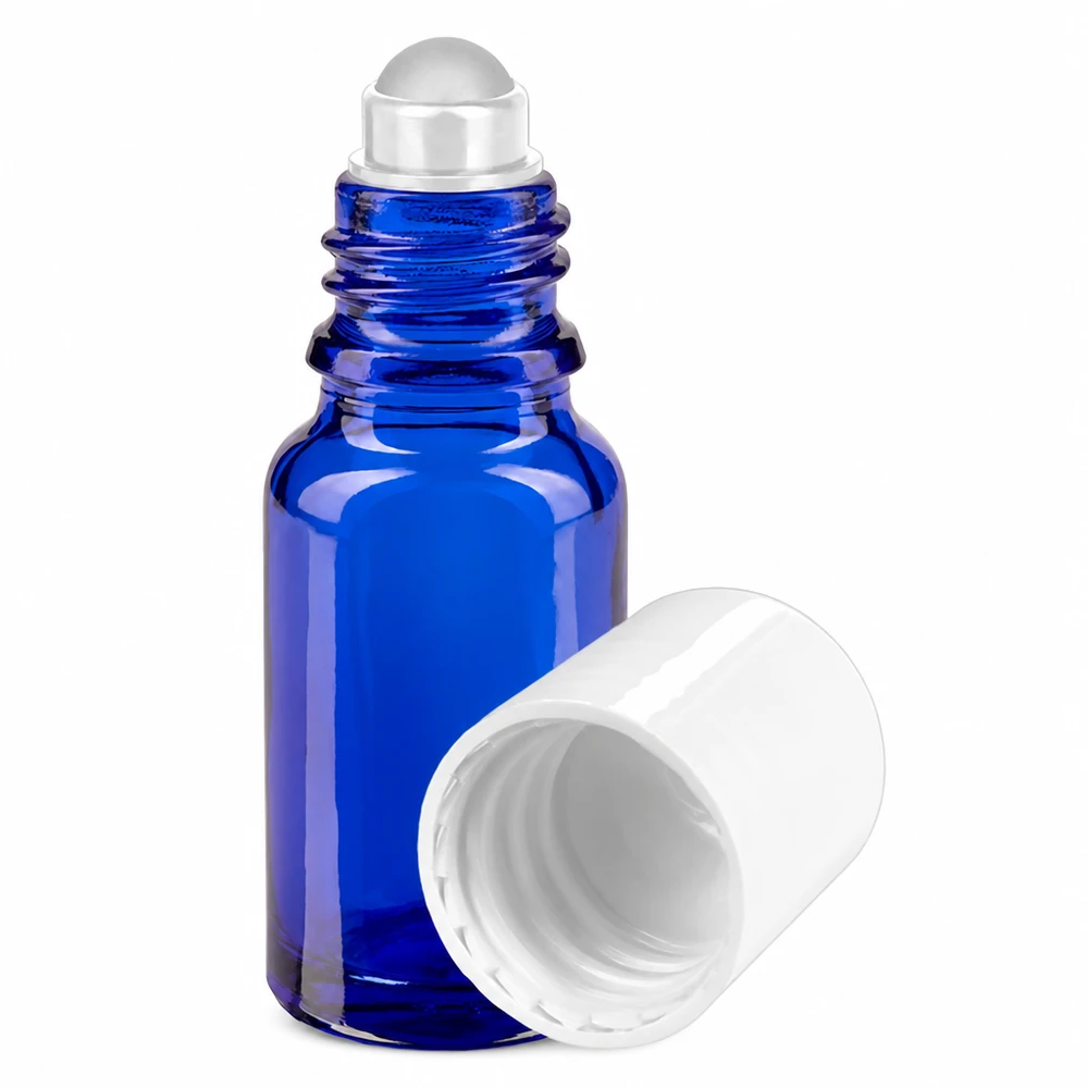 Apoteksflaske blå 10 ml roll-on-hætte hvid 10 ml blå roll-on-flaske af apotekerglas med hvid prop og applikator med rullekugle