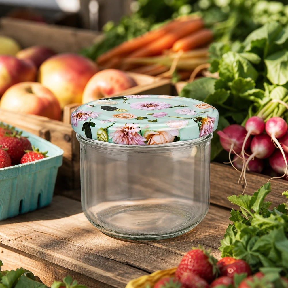 260 ml væltet glas + BasicSeal låg Blume mint UNiTWIST 260 ml glas BasicSeal blomsterlåg mynte på et træbord omgivet af friske grøntsager, frugt og krydderurter
