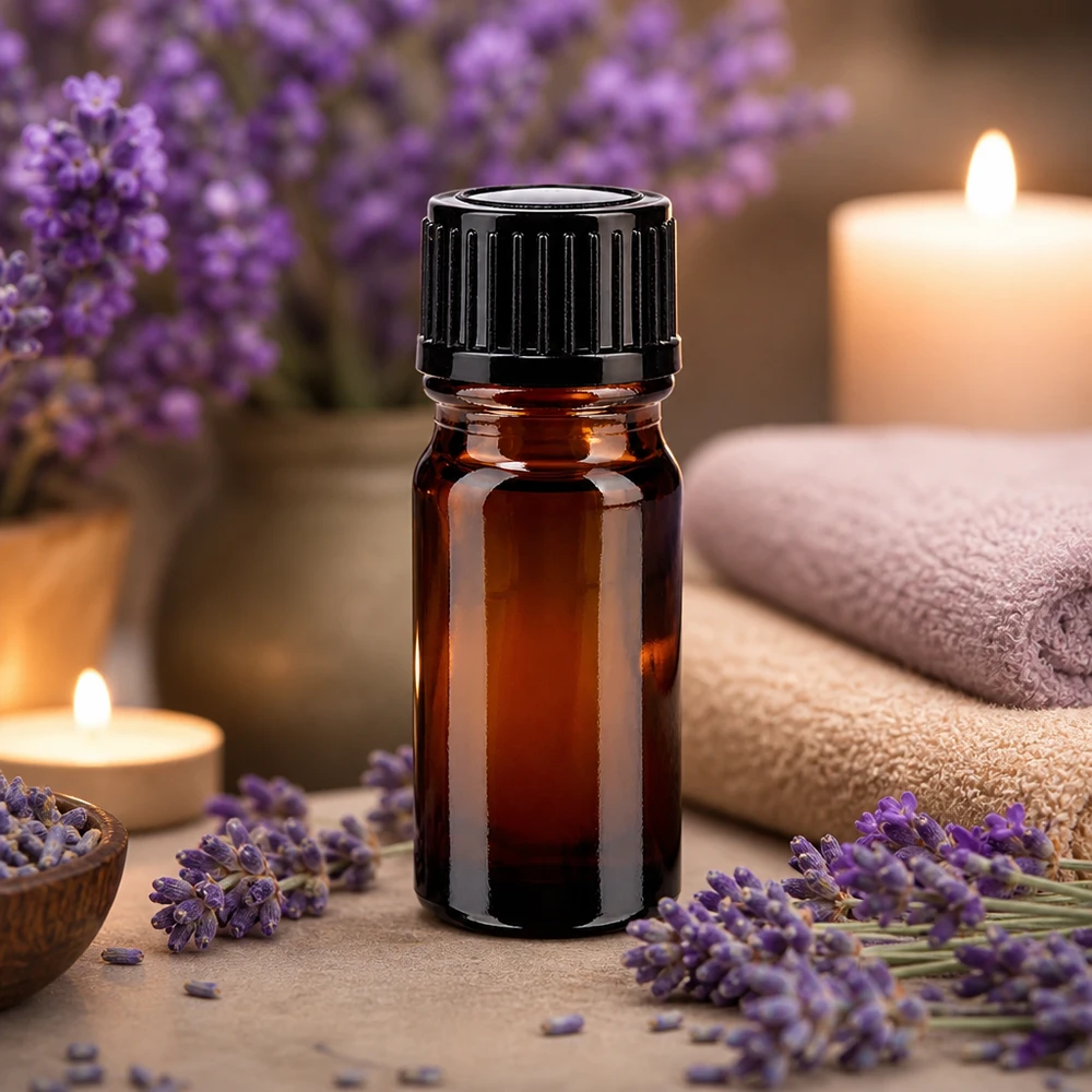 Brun 5 ml apotekerflaske med sort dråbepropp mellem lavendelblomster og stearinlys